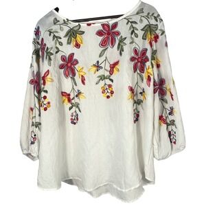 Kindred Women's White Floral Embroidered Boho Peasant Top Blouse 2X Plus Size